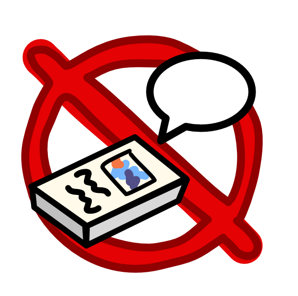 a hand drawn red forbidden sign sits behind a picture of a deck of communication cards with a speech bubble coming from them.